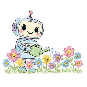 Cute robot watering smiling flowers in a colorful garden illustration.