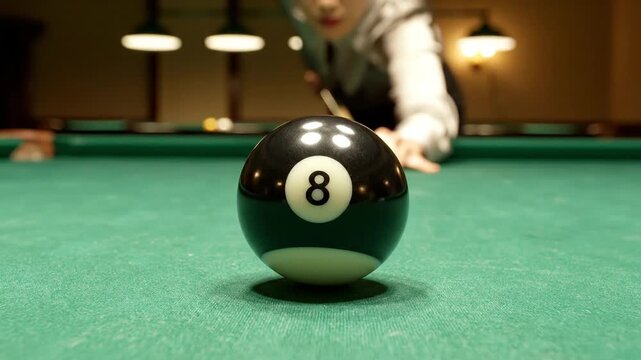 A close-up shot of a black 8-ball on a green felt pool table with a person aiming a cue stick in the background.