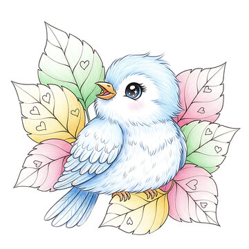 Charming illustration of a blue bird perched among colorful leaves, a delightful image.