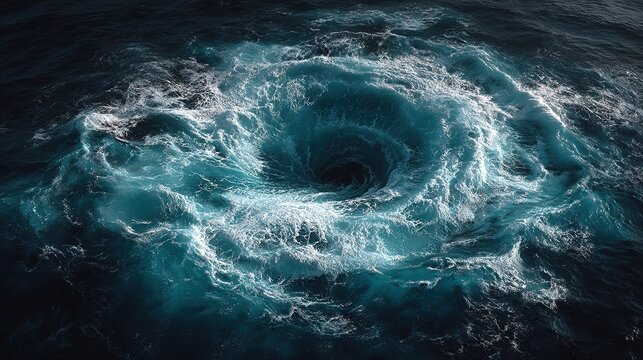 Powerful maelstrom sea whirlpool swirling in the middle of the ocean, massive vortex capable of swallowing a boat