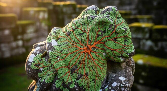Vibrant Green Lichen Patterns on Ancient Stone Sculpture