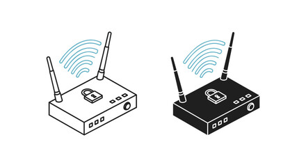Fototapeta premium Isometric wireless router icons with security lock, secure wifi modem vector set, network hardware for internet connection and data protection