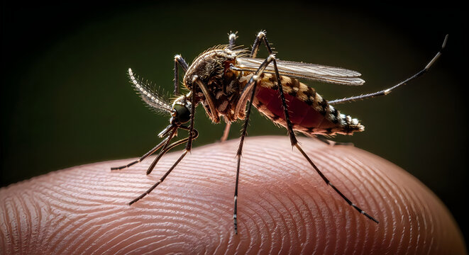 Close-up of a mosquito perched on human skin