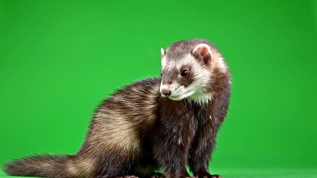 A ferret with dark fur and a white face is sitting on a green background, looking to the right.