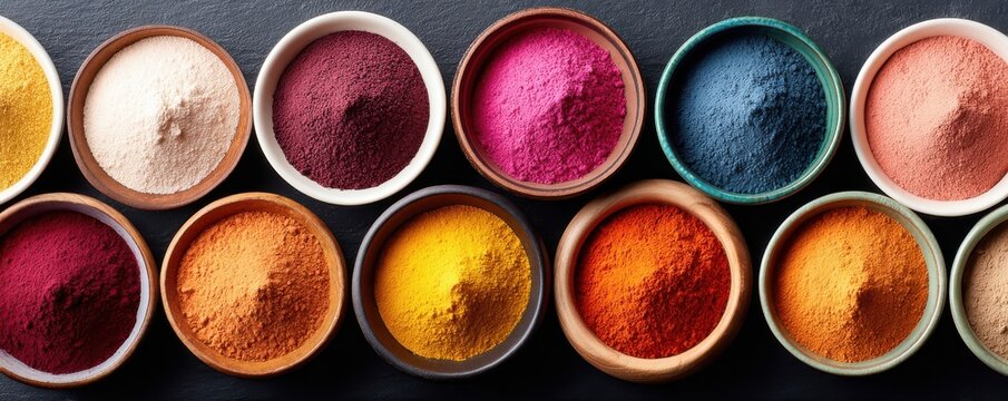Colorful Holi powder in small bowls arranged on a black background for festival celebration