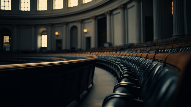 albite. An empty classical circular hall with curved rows of dark wooden seats under a dome. real-estate listings.