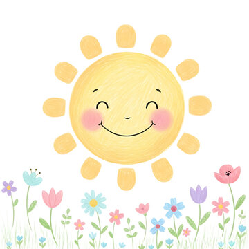 Cute cartoon sun with smiling face and colorful flowers in the meadow.