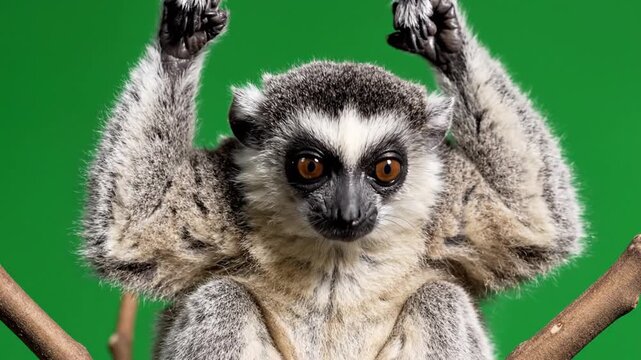 A close-up shot of a ring-tailed lemur with its arms raised, looking intently at the viewer against a vibrant green background.