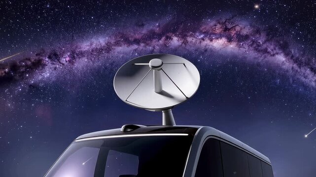 Satellite dish mounted on the roof of a vehicle under a starry sky filled with meteors. Technology and outdoor themes, showcasing connectivity in remote areas