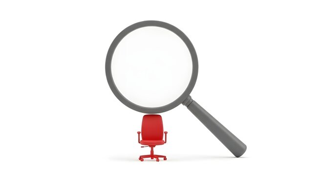 Minimal 3D Oversized Magnifying Glass Hovering Over Tiny Red Office Chair Micromanagement Concept White Background