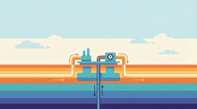 Ocean Thermal Energy, Marine Thermal Energy, Ocean Heat Power, Colorful Illustration of Thermal Energy Transfer Concept