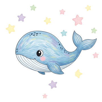 Cute cartoon whale with stars illustration for children's design.