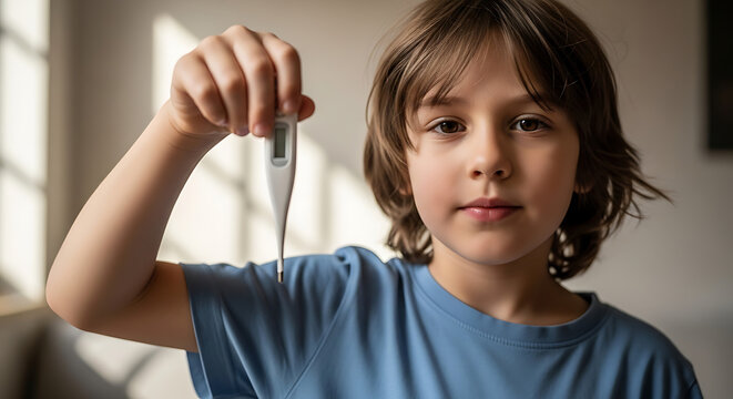 Young boy holding a digital thermometer, looking at the camera with a serious expression.
