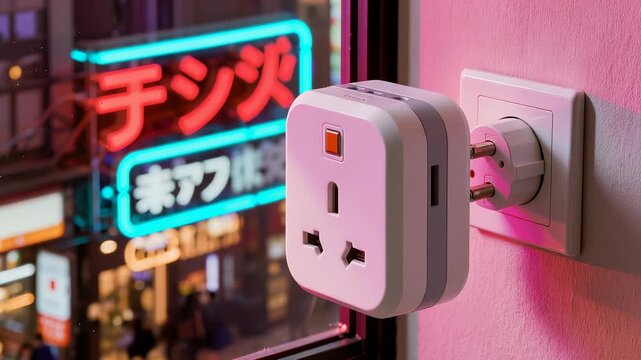 A power adapter is plugged into a wall outlet, while vibrant neon signs are visible through a window in the background.