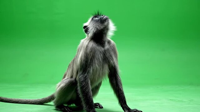 A grey langur monkey with a black face and hands sits on a green screen background, looking up and to the left.