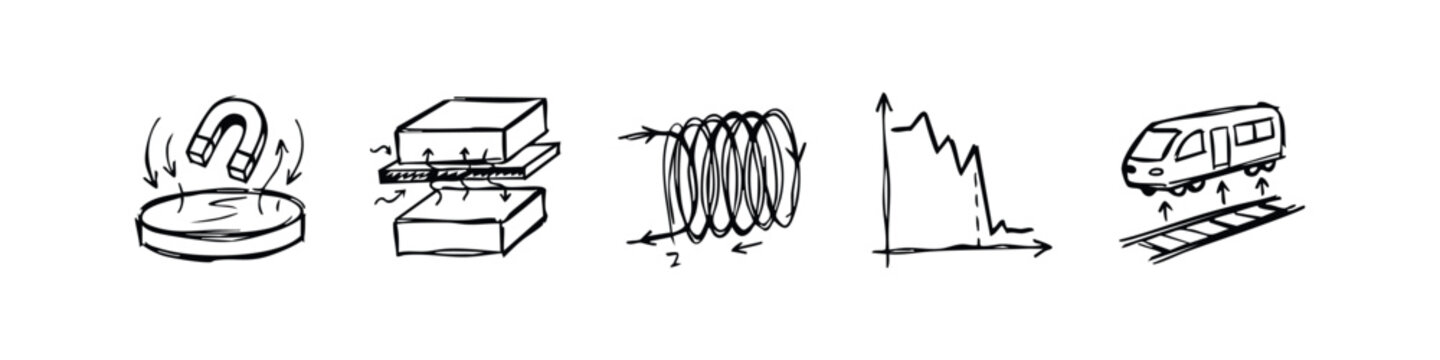 Hand-drawn physics and superconductivity doodle icons set
