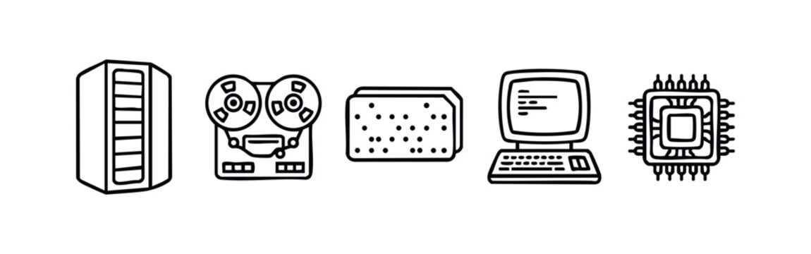 Vintage computing and legacy technology line art icons set