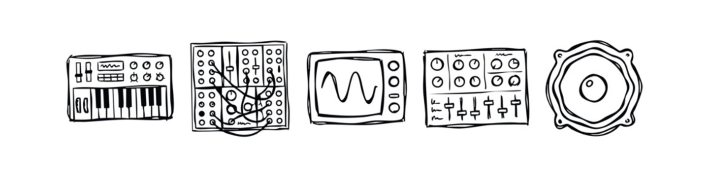 Hand-drawn electronic music studio and synthesizer doodle icons