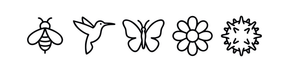Clean Line Art Garden Icons Set with Bee Hummingbird Butterfly Flower and Seed Pod © liubomir118809