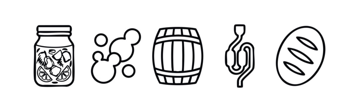 Minimalist Fermentation and Food Production Icon Set including Jar Barrel and Bread