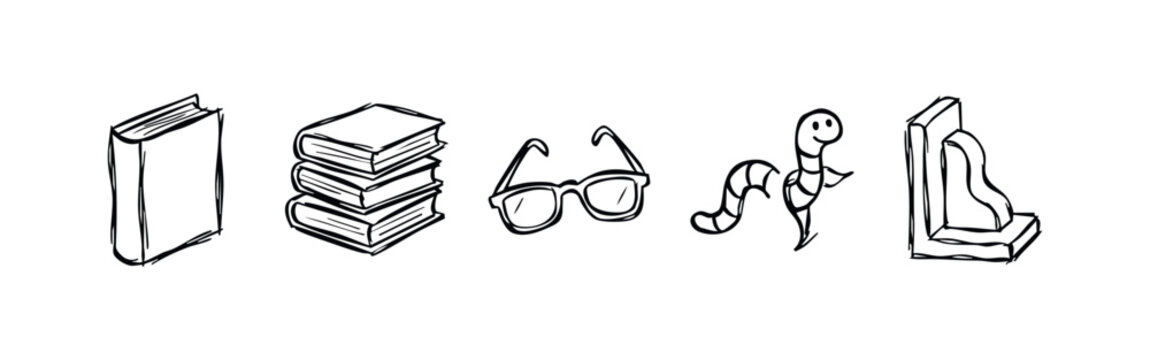 Sketchy Hand Drawn Reading and Book Icons: Library, Stack of Books, Glasses, Bookworm, and Bookend