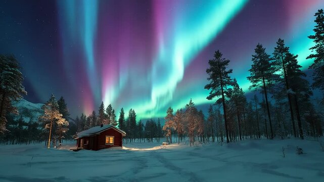 An isolated wooden cabin glows softly beneath a vivid aurora borealis, painting a snowy forest in blue, green, and purple; a serene, magical winter night