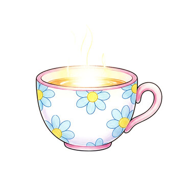 Delightful illustration of a floral teacup with steam rising, perfect for tea time.