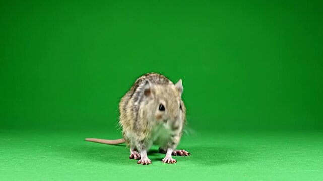A small striped gerbil or mouse standing on a vibrant green screen background in a studio setting.