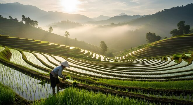 Rice Terrace Farming in Bali Landscape