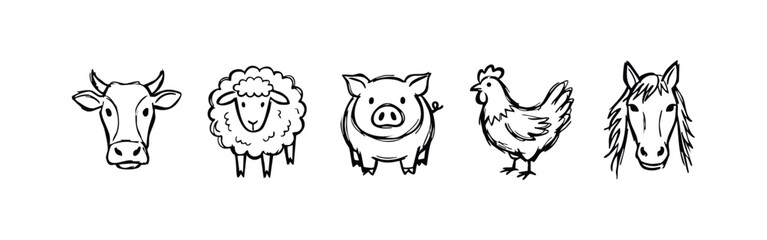 Obraz premium Sketch Style Farm Animal Icons with Cow, Sheep, Pig, Chicken, and Horse