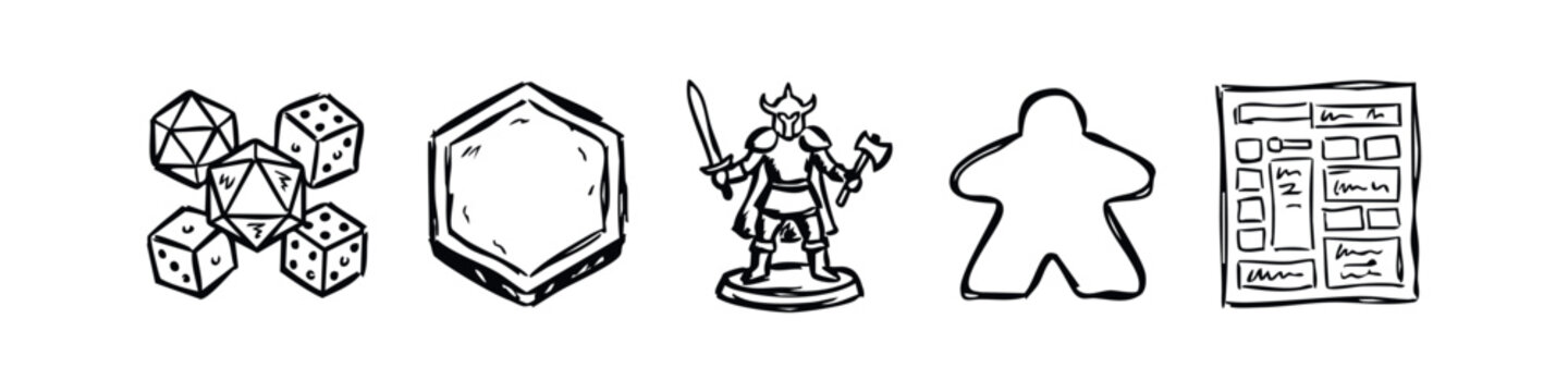 Set of Hand Drawn Tabletop Role Playing Game Icons Including Dice, Hex Tile, Warrior Mini, Meeple and Character Sheet