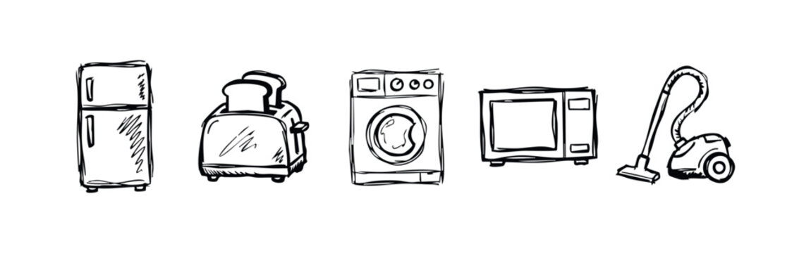 Sketch Style Hand Drawn Household Appliance Icons Featuring Fridge, Toaster, Washer, Microwave and Vacuum Cleaner