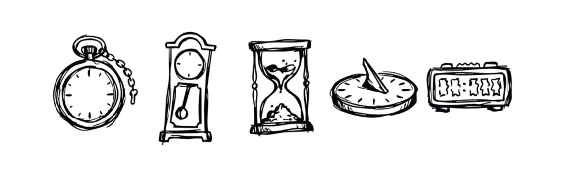 Hand Drawn Sketch Style Timekeeping Icons Set Including Pocket Watch, Clock, Hourglass, Sundial and Digital Alarm