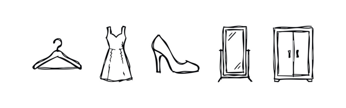 Hand Drawn Fashion and Closet Icons Set Including Clothes Hanger, Dress, High Heel, Mirror and Wardrobe Cabinet