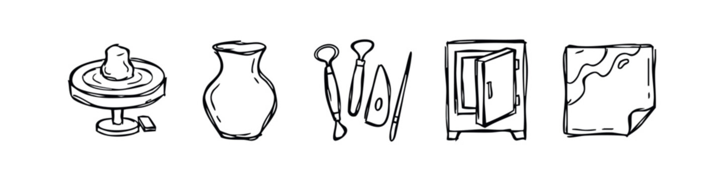 Hand Drawn Pottery and Ceramics Craft Sketches - Wheel, Vase, Tools, Kiln, and Tile
