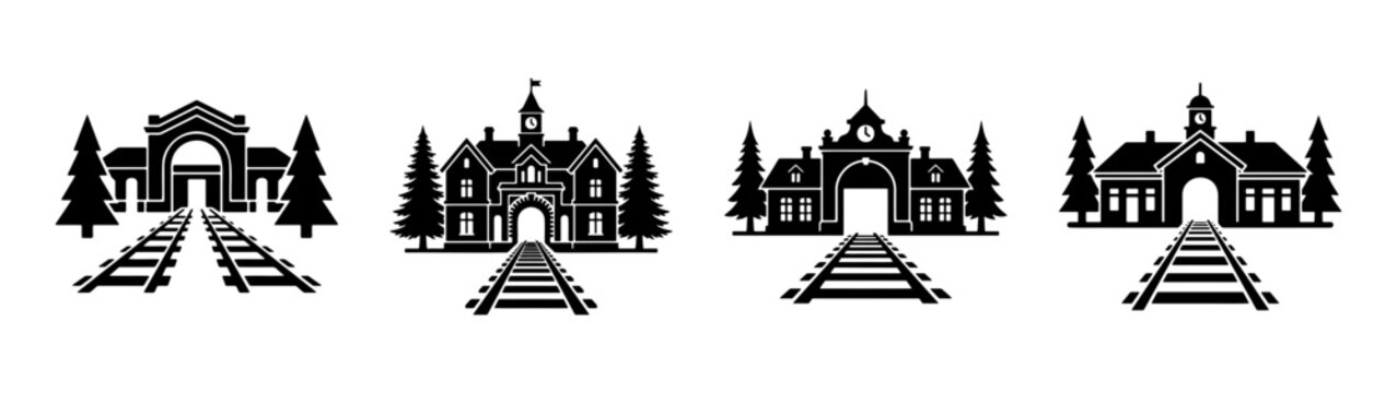 Black and white vector illustration of haunted houses with train tracks clip art halloween design