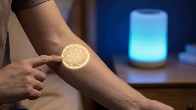 A person touching a glowing circular pattern on their arm while a lamp and books are visible in the background.