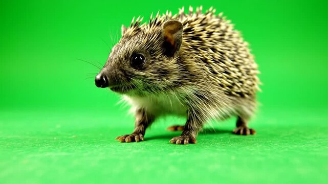A small, spiky hedgehog stands alertly on a vibrant green background, showcasing its unique texture and curious expression.