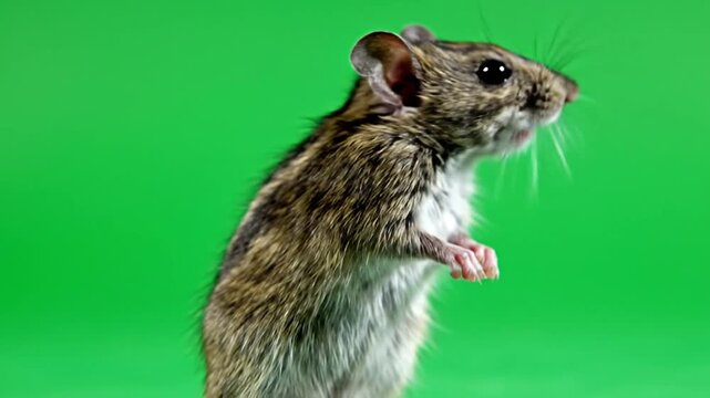 Small brown and white mouse standing on hind legs against a vibrant green background, looking to the right.