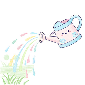 Cute cartoon watering can pouring colorful water onto a small lawn.