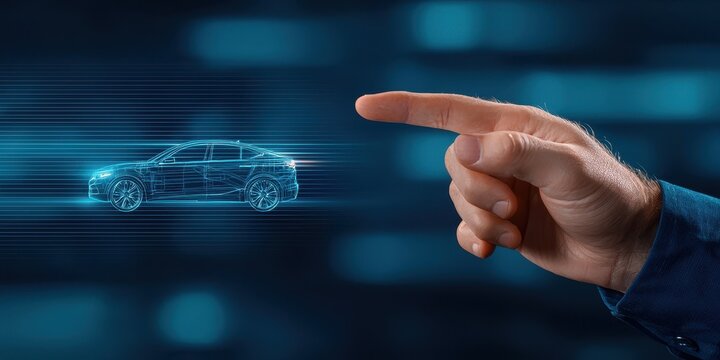 workshops group technical concept. Hand pointing at a glowing digital car model symbolizing innovation and futuristic automotive technology.
