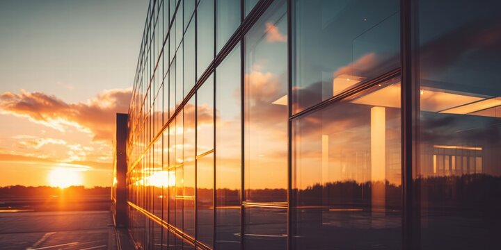 Modern glass building reflecting a vibrant sunset sky