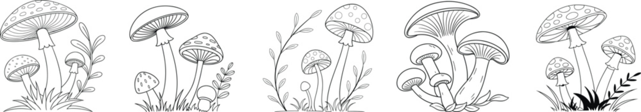 Hand drawn mushroom illustrations set with forest plants in clean line art style. Botanical fungi collection for coloring pages nature themes packaging and modern vector design elements.
