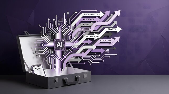 AI Business Strategy and Growth Concept with Circuit Board and Briefcase.