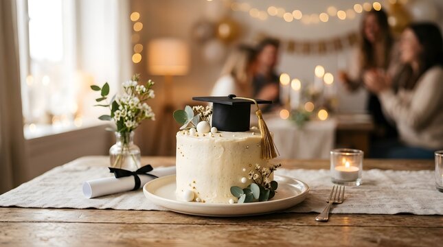 Festive Home Graduation Party with Elegant Cake and Diploma.