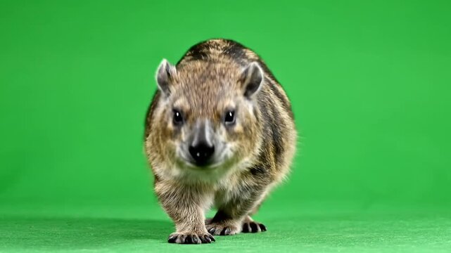 A small rock hyrax with brown and black fur walks towards the camera on a vibrant green background.