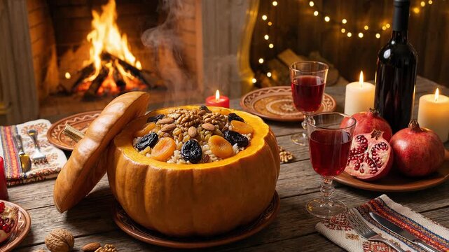 Festive autumn meal Roasted pumpkin stuffed with nutritious grain, walnut, dried apricot. Wooden table, cozy fireplace ambiance. Delicious warm food for holiday feast, inviting traditional scene