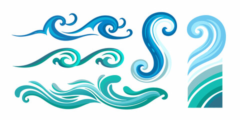 Fototapeta premium A collection of stylized blue wave shapes and swirling water designs