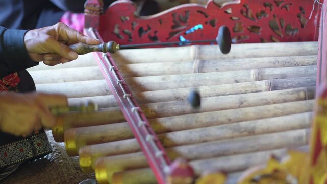 Playing Traditional Bamboo Xylophone Gamelan Indonesian Culture Close Up
