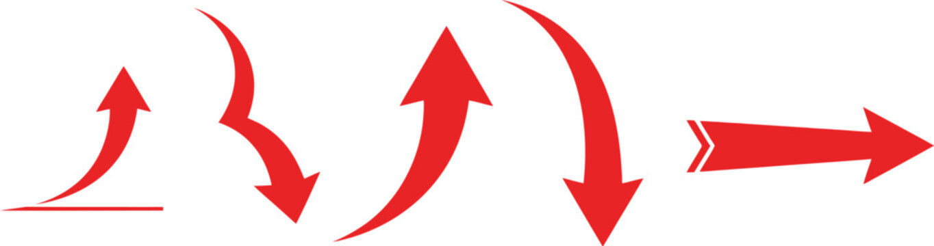 Collection of red arrows with different shapes and curves direction movement